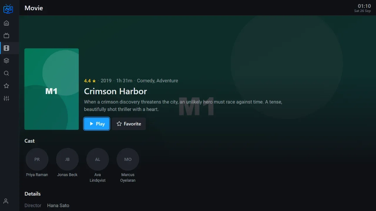 Movie detail screen with poster, rating, plot and Play and Favorite buttons