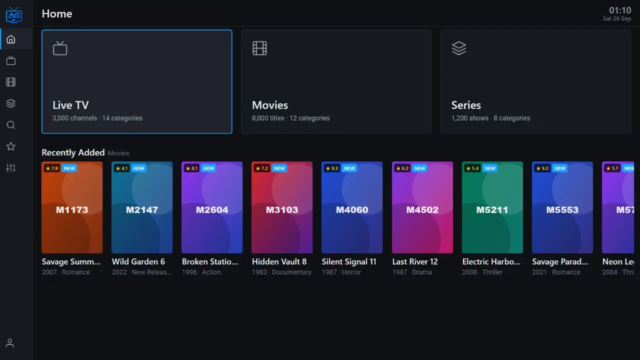 AG Player home screen on a TV: Live TV, Movies and Series tiles and a row of recently added movies