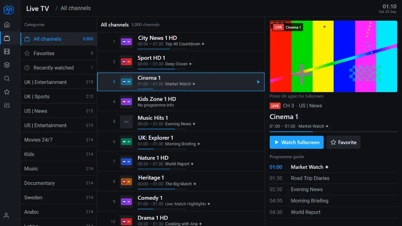 Live TV screen: category list, channel list with now-playing information and a preview with the programme guide