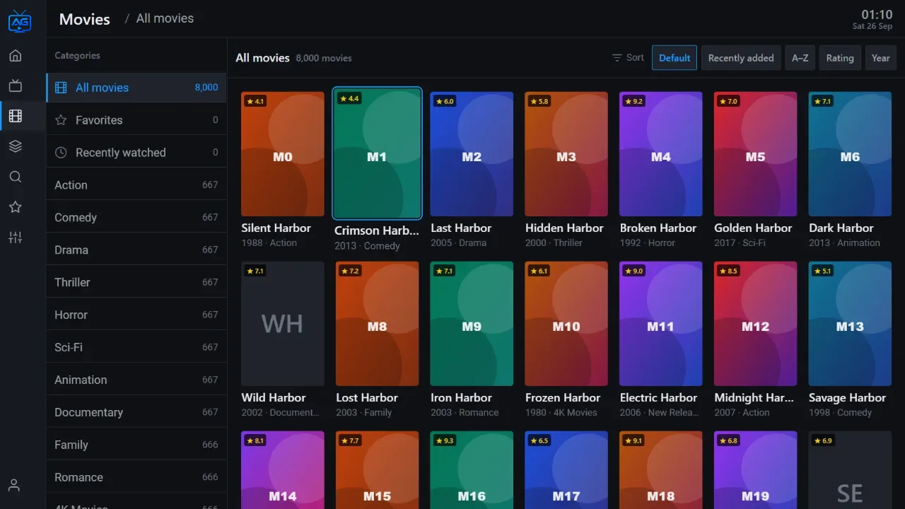 Movies screen: category list and a grid of movie posters with ratings